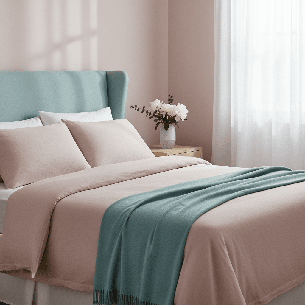 Calm, freshly cleaned bedroom with flowers on the nightstand