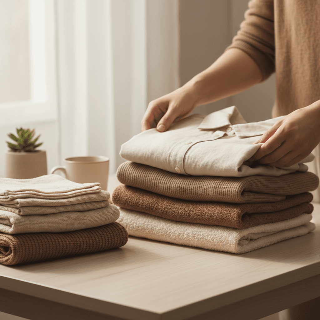 Neatly folded laundry stacks on a wooden table