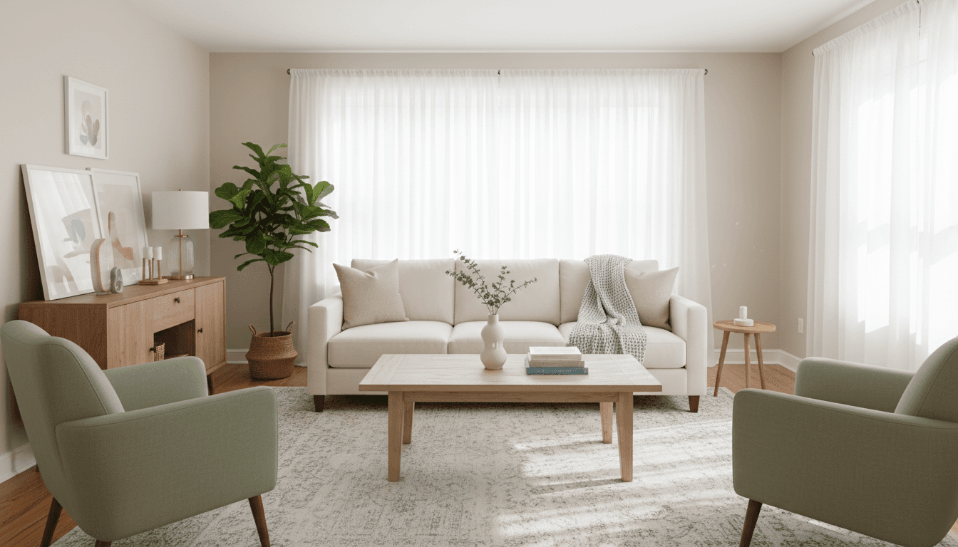 Bright, sunlit living room freshly cleaned and neatly organized, with soft natural light and a cozy, welcoming feel