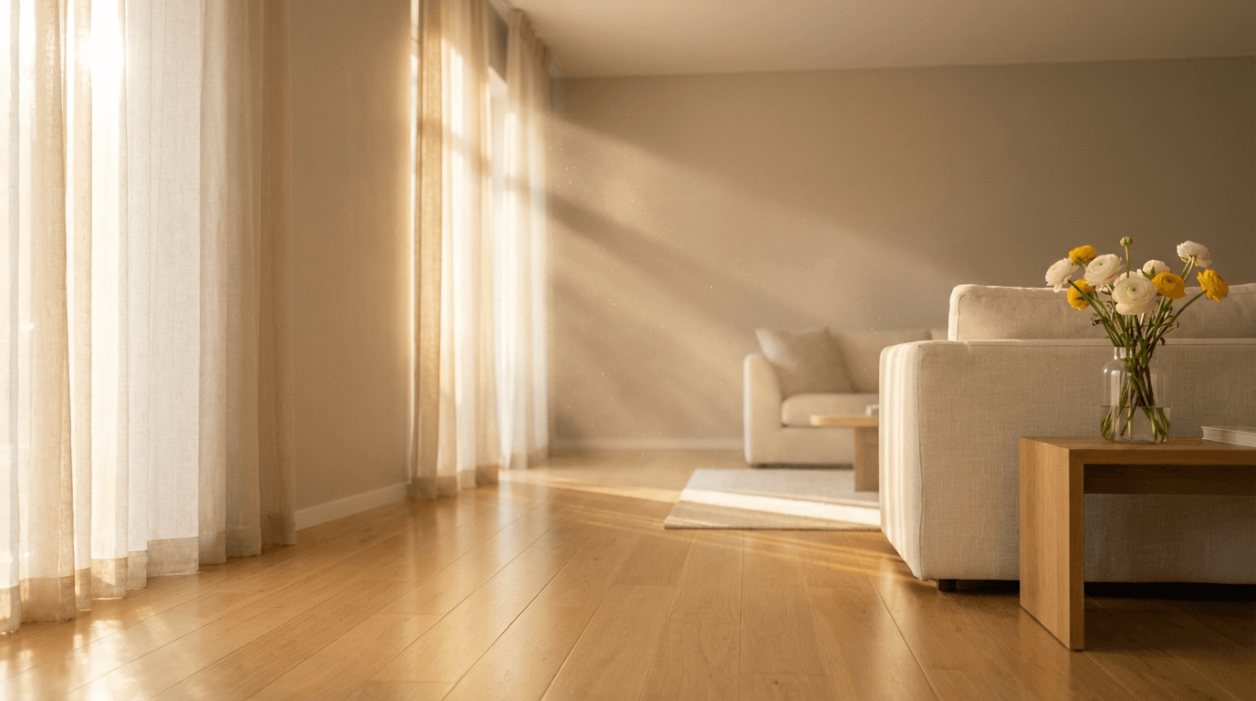 Bright, freshly cleaned living room with sunlight streaming through a window and a stack of folded laundry on a sofa