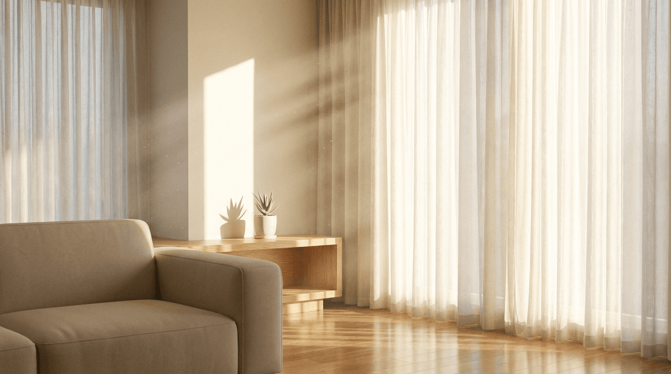 Bright and spotless living room with soft natural light and a cozy sofa
