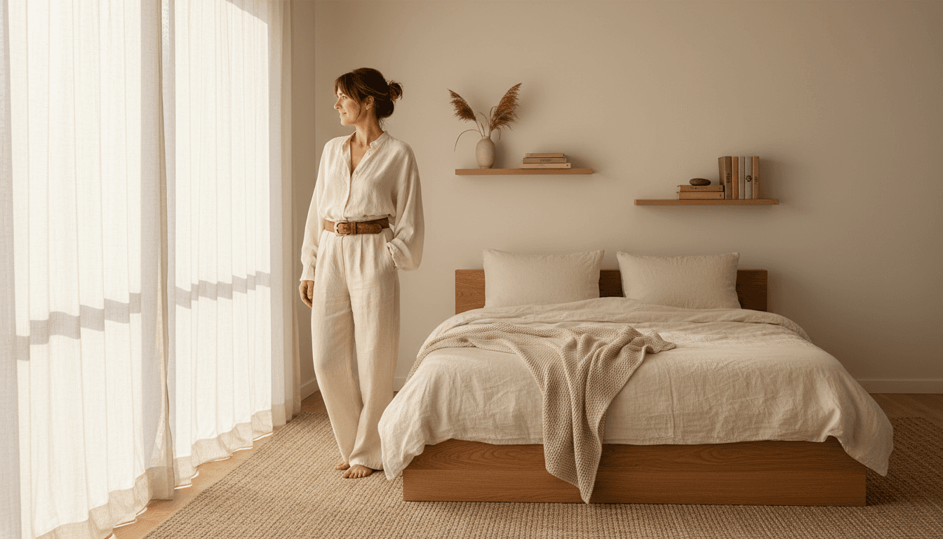 Woman looking relieved in a gently cluttered but bright living room after a cleaning