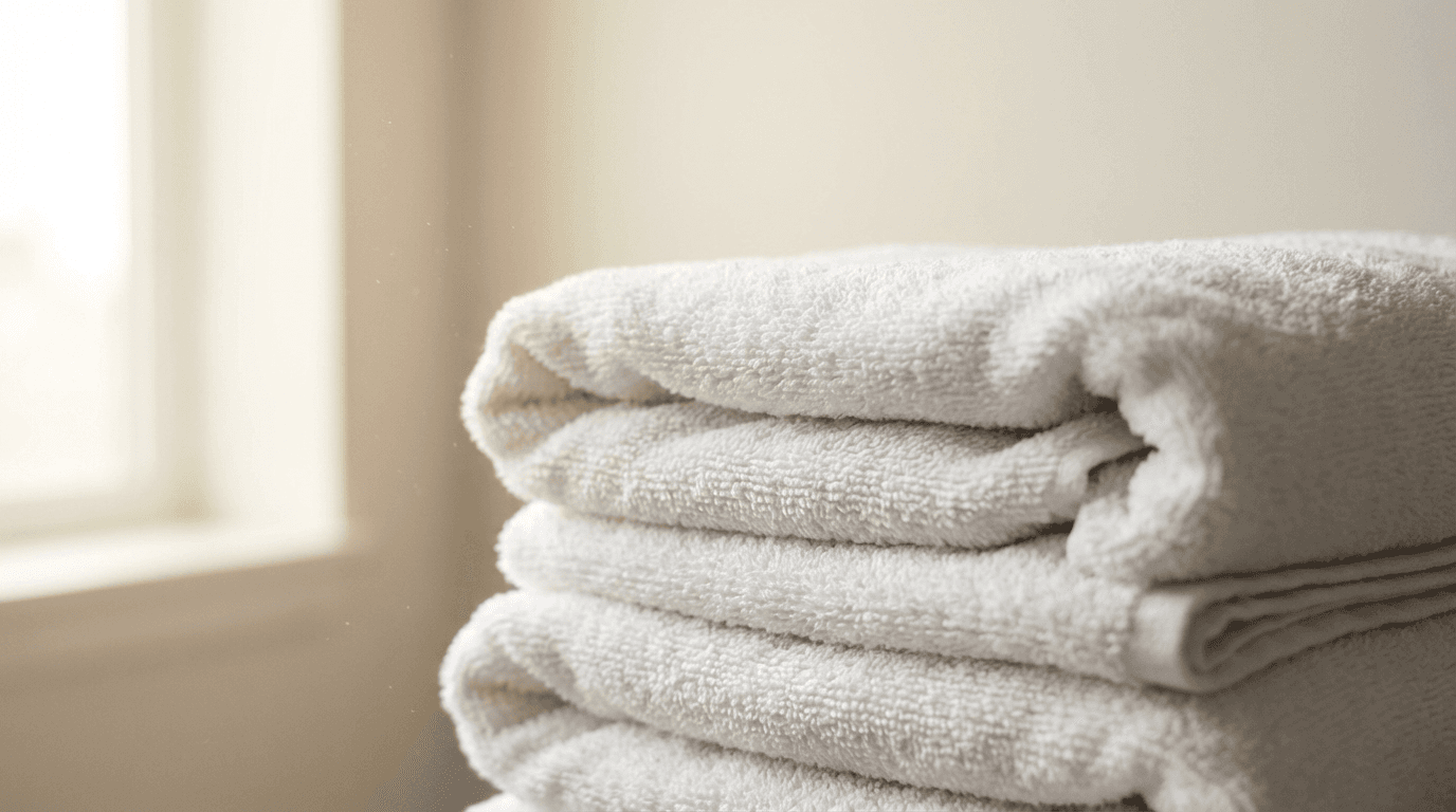 Hands placing folded towels on a chair near a window