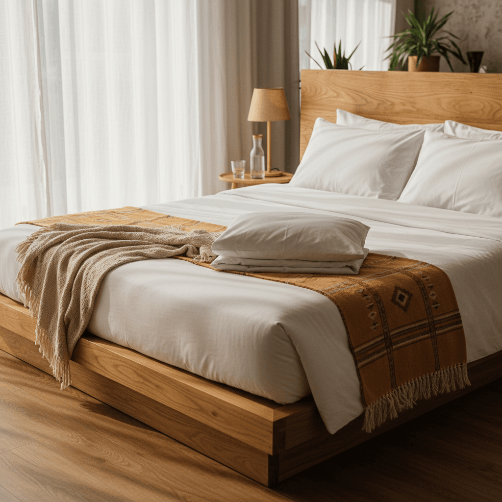 Neatly made bed in a tidy bedroom