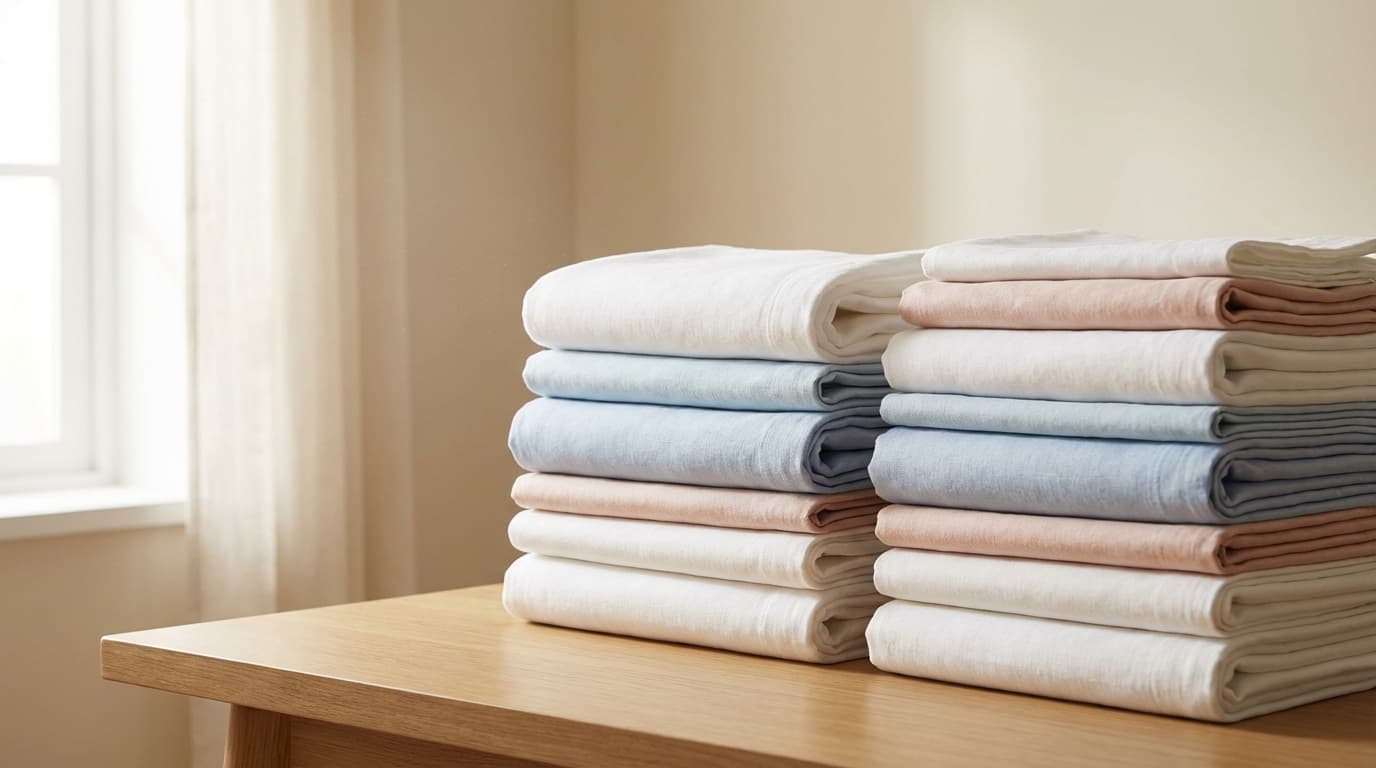Overhead view of neatly folded laundry stacked on a bed with a laundry basket nearby