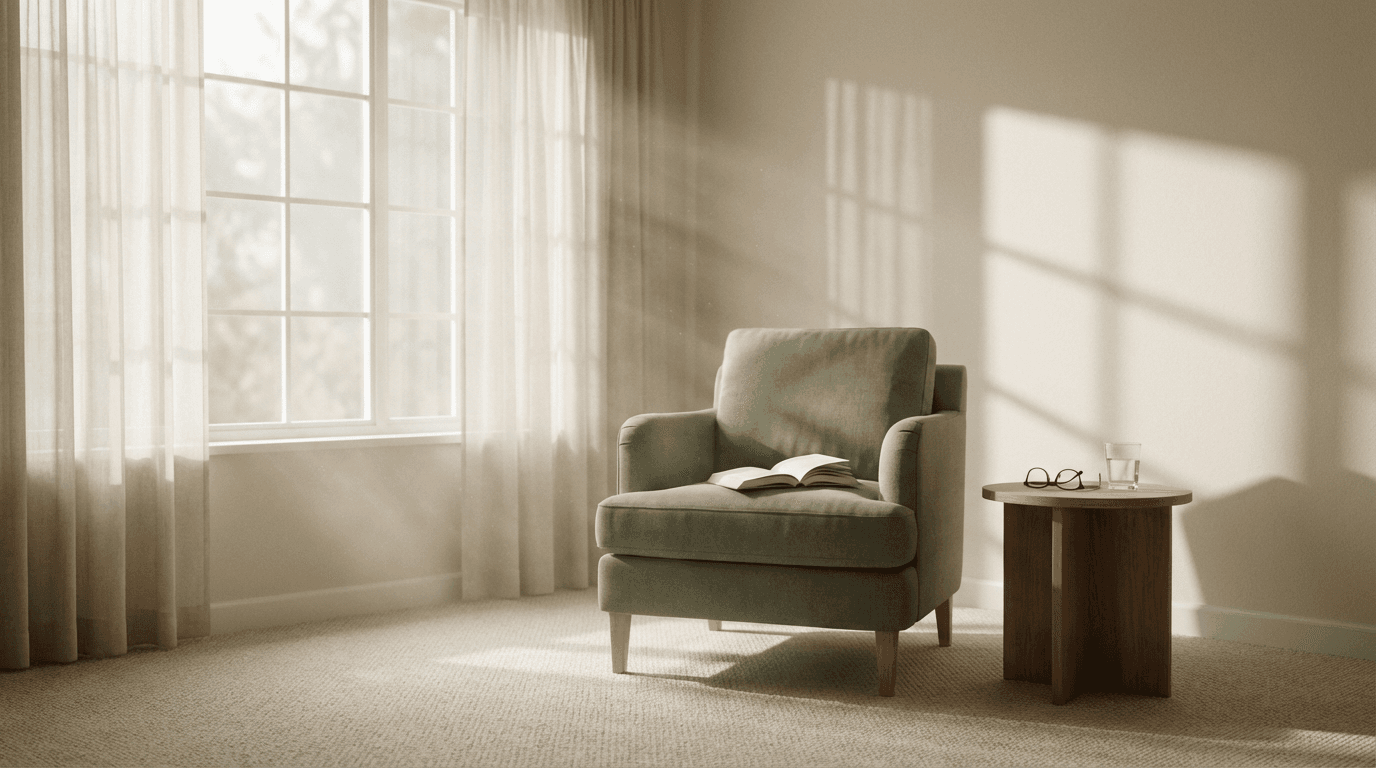 Clean cozy living room ready for relaxation with soft afternoon light