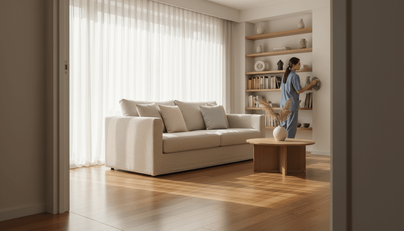 Bright sunlit living room with a freshly tidied and organized area