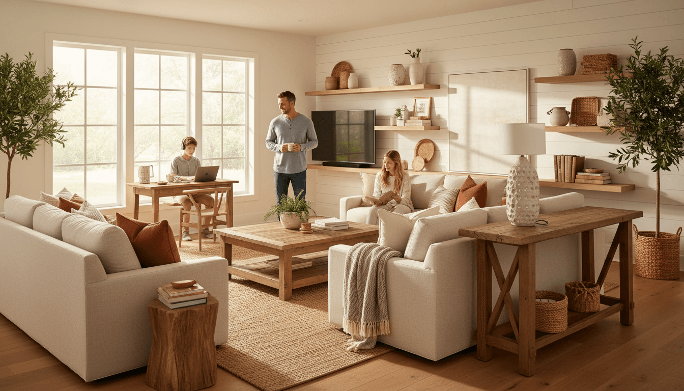 Bright and airy living room with fresh towels and soft morning light