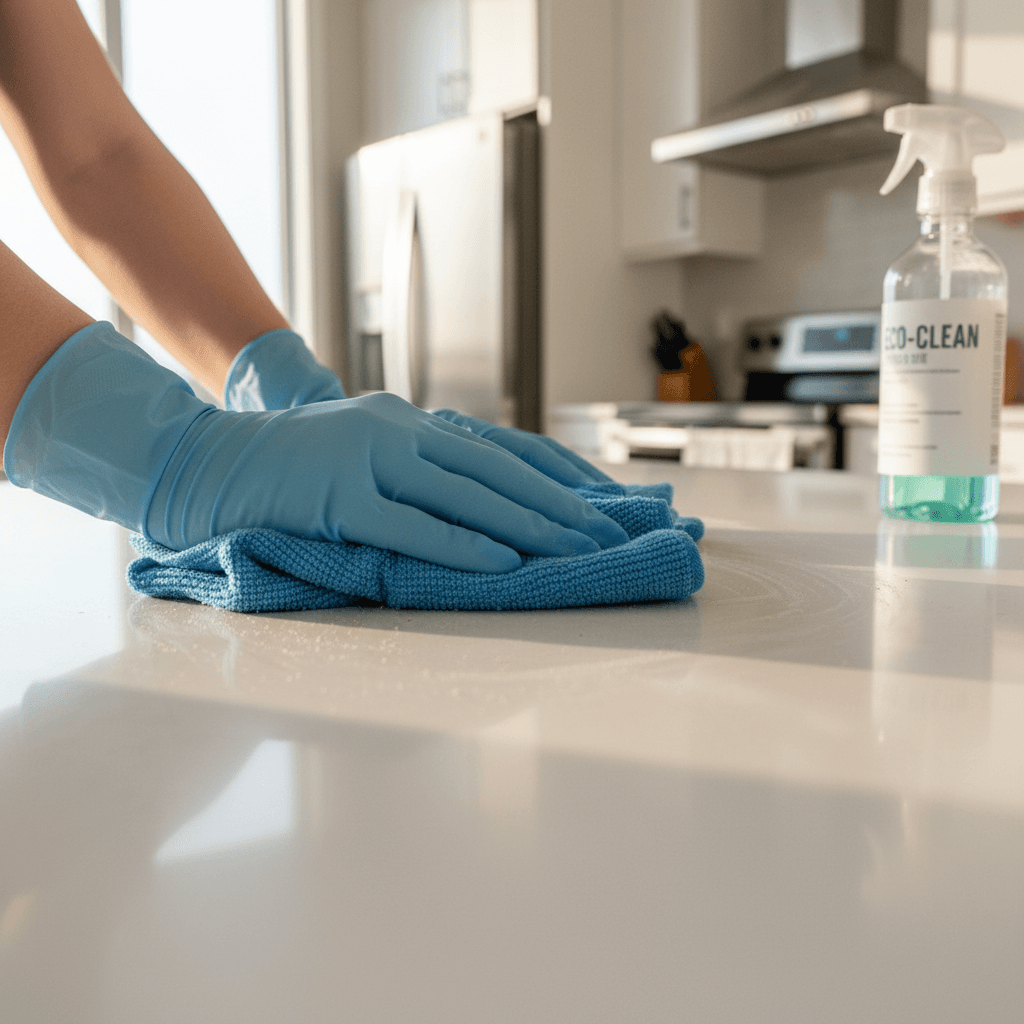 Hand wiping a kitchen counter with a soft cloth