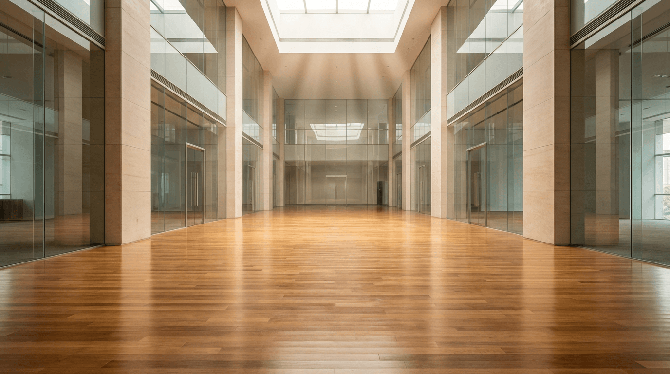 Polished office reception area with cleaning supplies