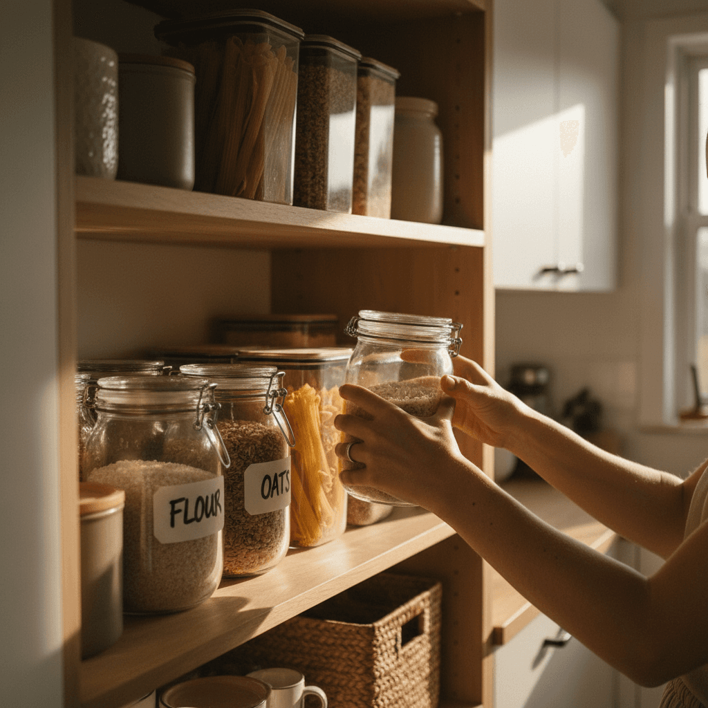 Woman smiling gently with relief while looking at a clean welcoming kitchen