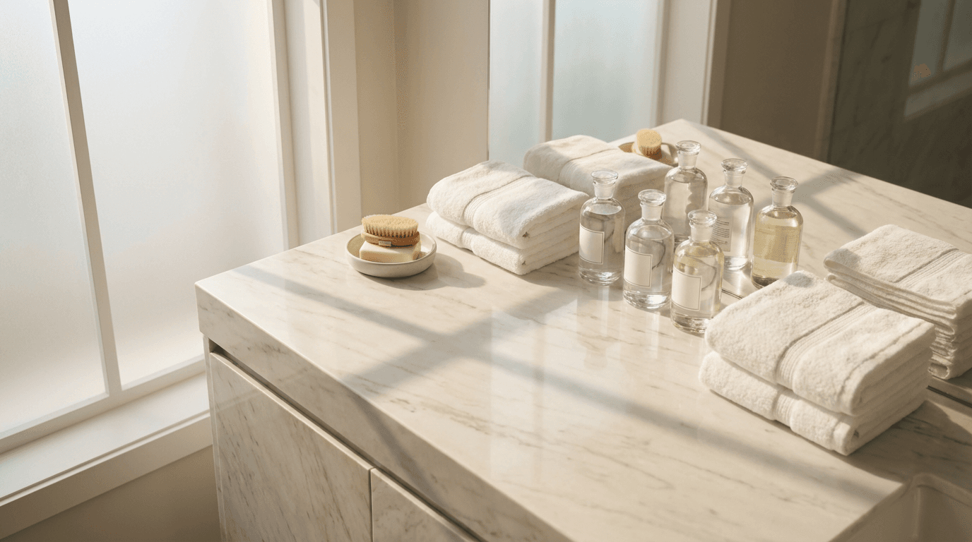 Organized bathroom vanity after cleaning